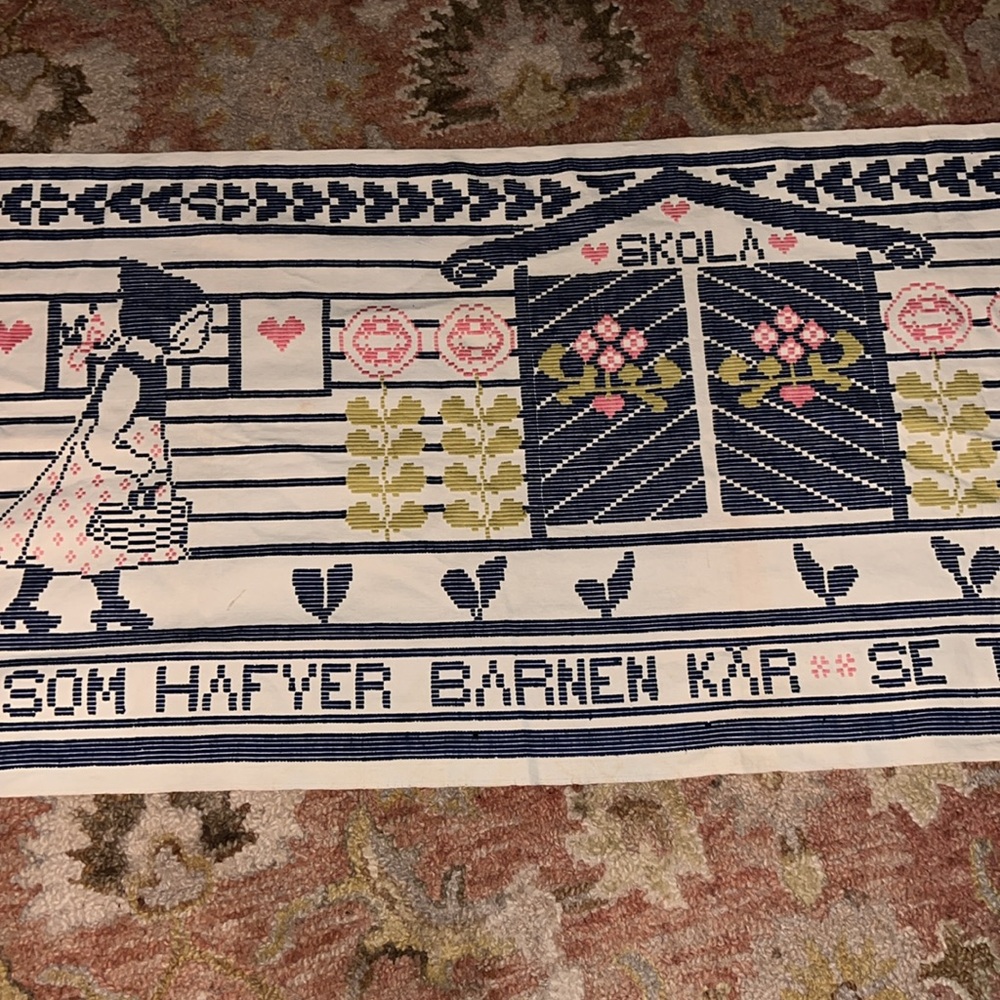 Vintage Norwegian embroidered wall hanging 78” x 26” handmade tapestry